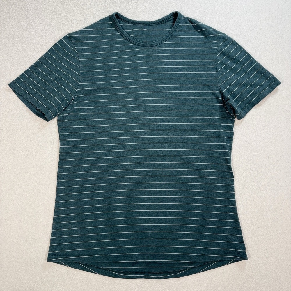 Lululemon‎ 5 Year Basic T-Shirt Men's M* Green Stripe Stretch Logo Crew *HOLES